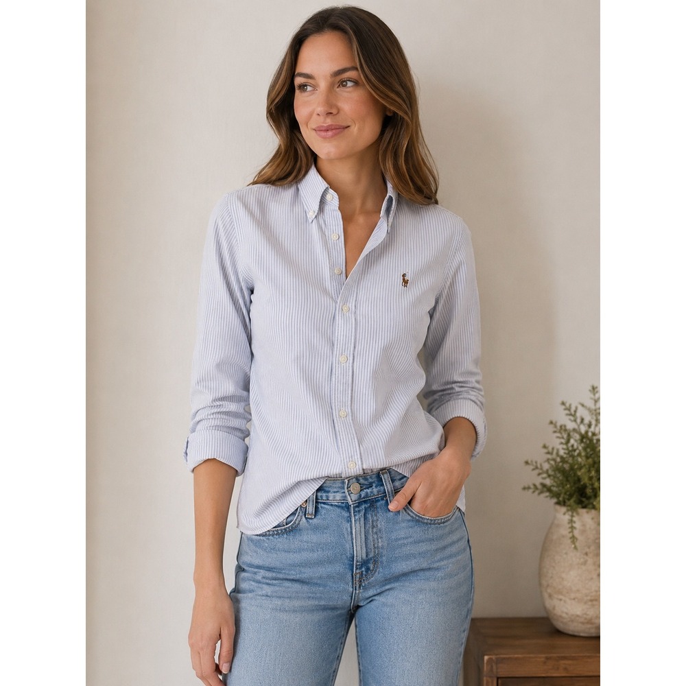 Ralph Lauren Slim Fit Blue White Striped Cotton Button Down Shirt Womens Size 4